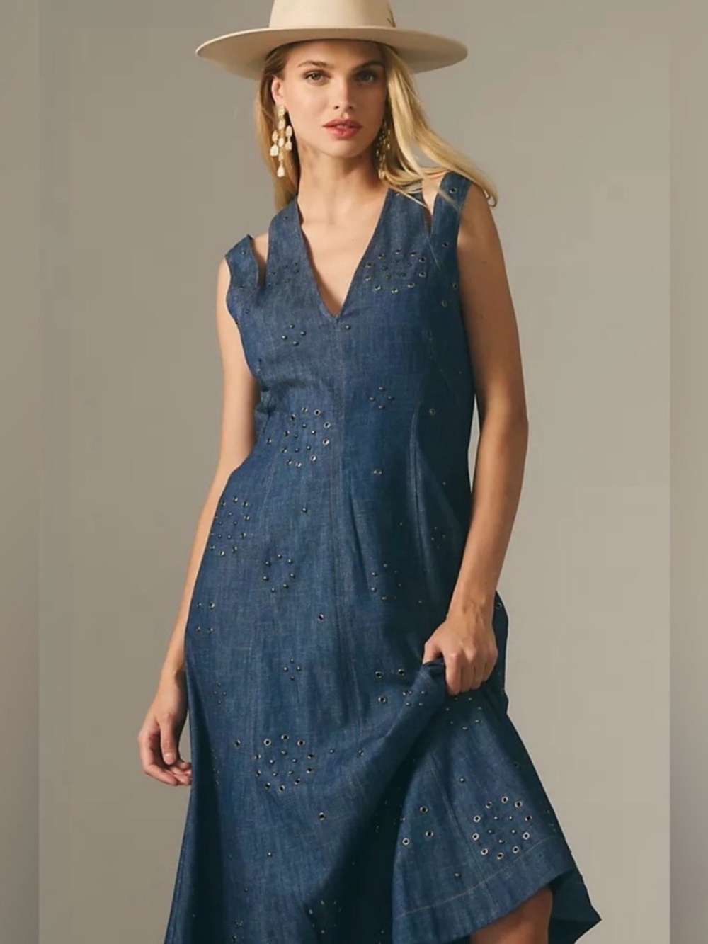 ANTHROPOLOGIE Grommet Blue Jean Denim A Line Flare Skirt Sleeveless Dress! NEW!